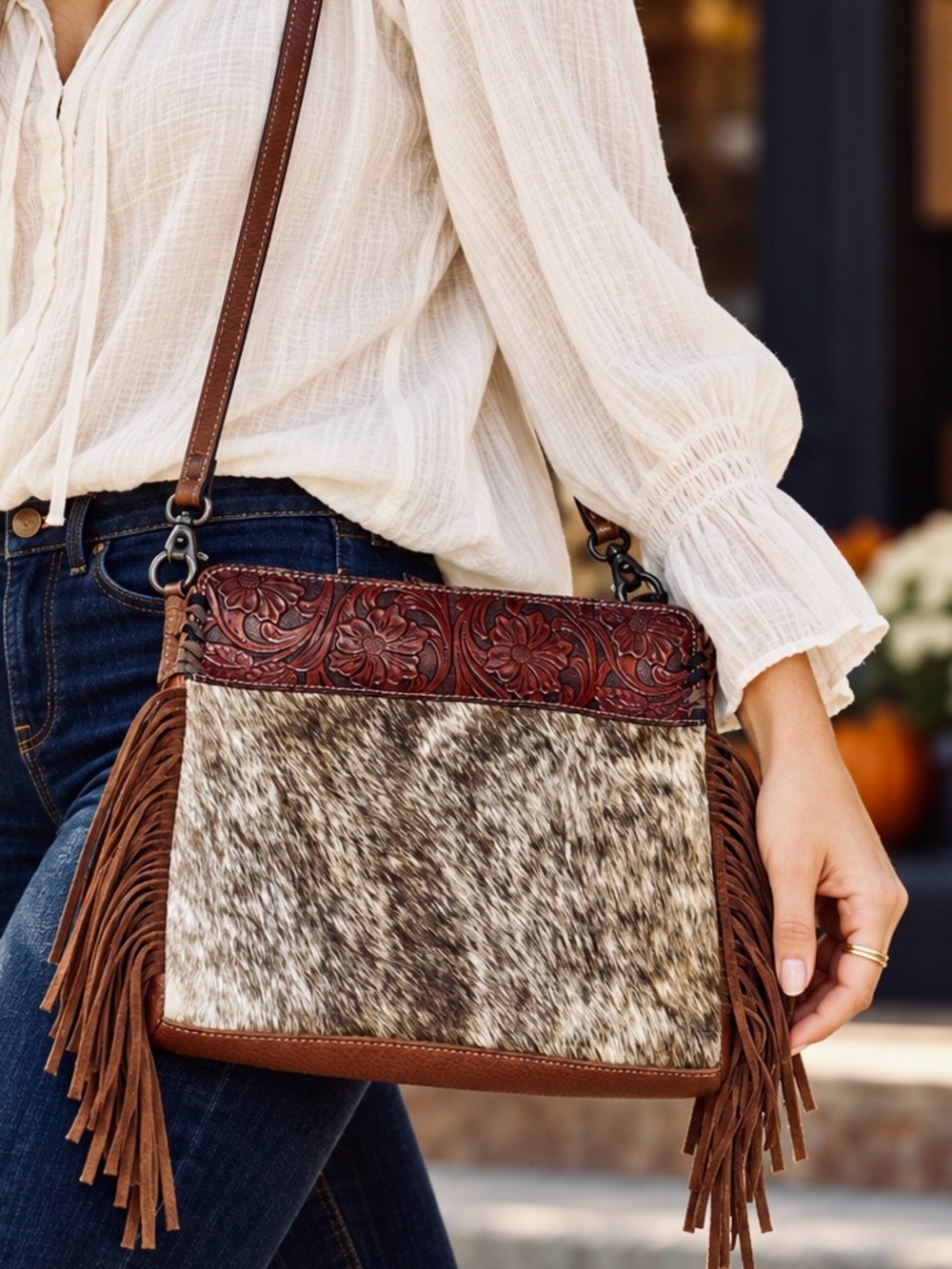 Genuine Cowhide Tooled Leather Fringe Crossbody Bag Brown